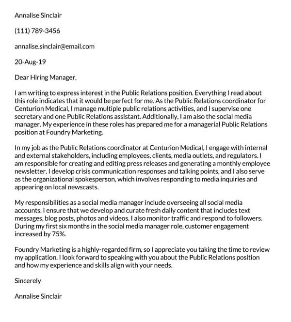 Free Public Relations Cover Letter Example 03 for Word