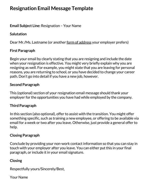 Editable Resignation Email Message Template