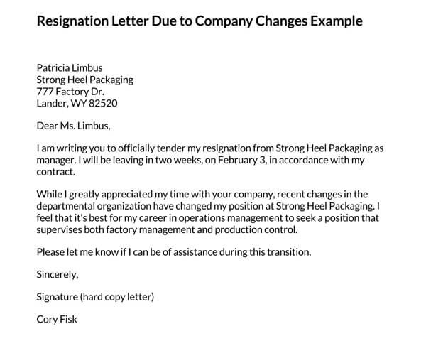 Editable Resignation Letter Due to Company Changes Word