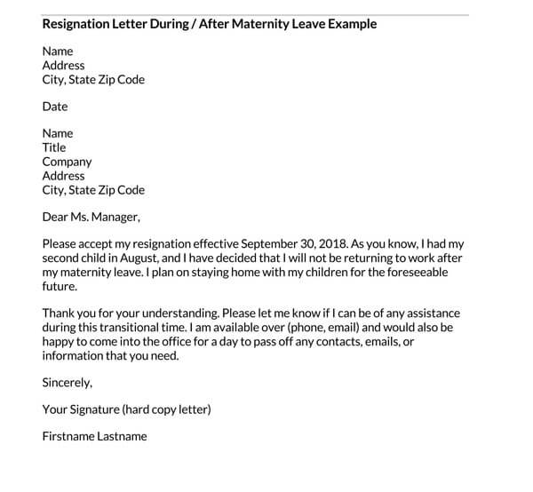 Printable Resignation Letter after Maternity Leave PDF
