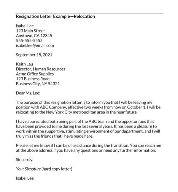 Resignation Letter Example—Relocation Template