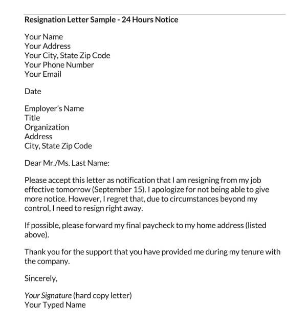 Editable Resignation Letter Sample – 24 Hours Notice Template