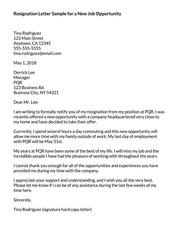 Word sample Resignation Letter for a New Job Opportunity