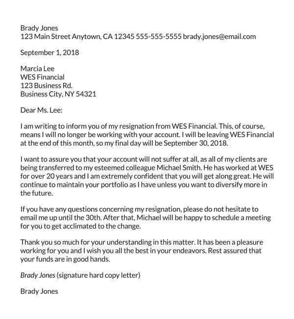 Editable Resignation Letter Sample to Clients Template