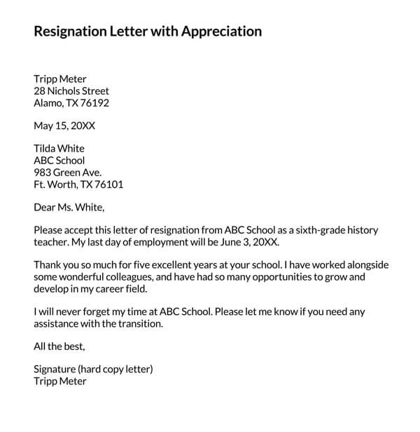Resignation Letter with Appreciation Word