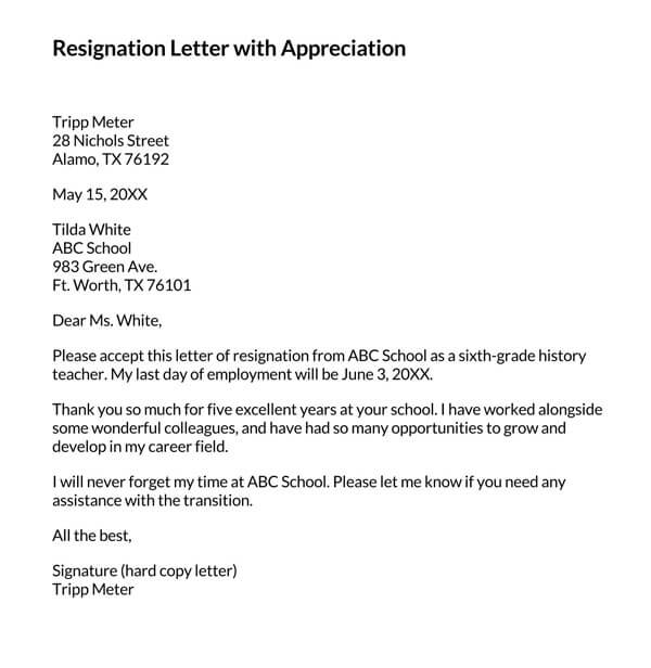 Resignation Letter with Appreciation - Downloadable - Word