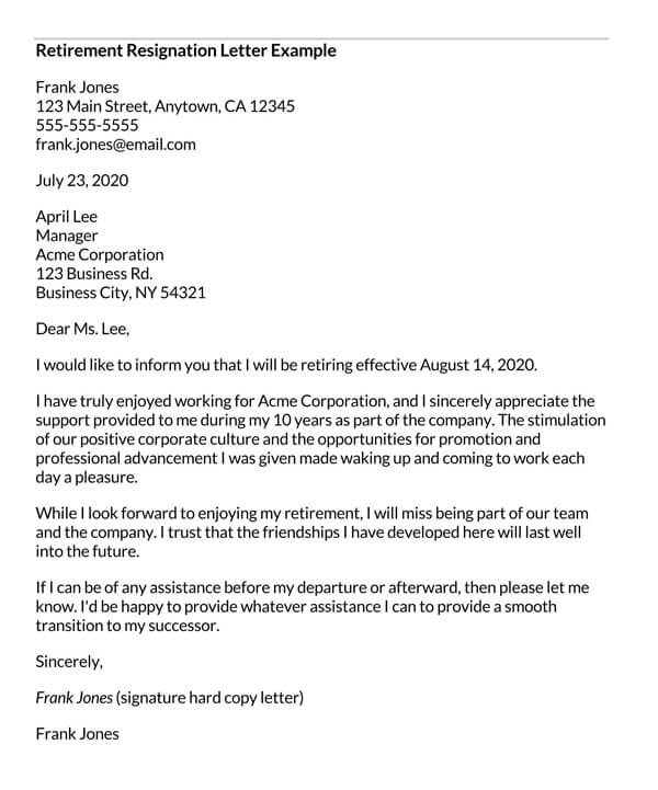 Printable Retirement Resignation Letter Example