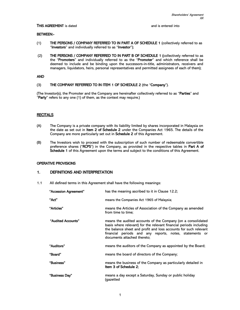 Free Shareholder Agreement Template - Example Format