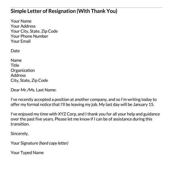 Free Simple Letter of Resignation (With Thank You)