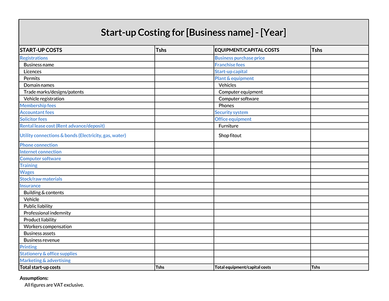 Printable Business Startup Costs Template 06 for Excel