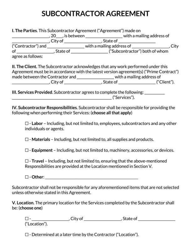 Subcontractor Employment Contract Template Sample - Word
