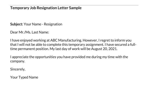 Temporary Job Resignation Letter Sample Example