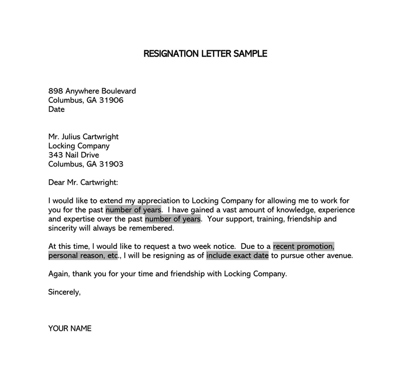 Editable Two Weeks Notice Letter Example 14