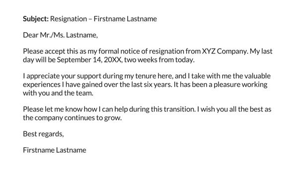 Two Weeks Notice Resignation Email word