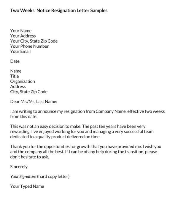 Two Weeks' Notice Resignation Letter PDF