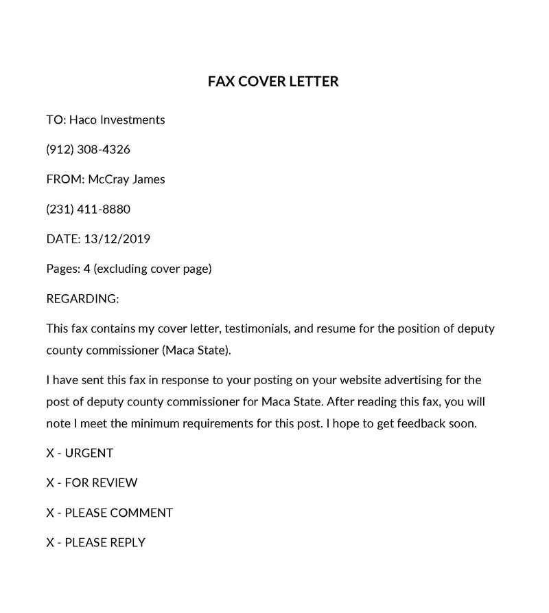 examples of fax cover letter