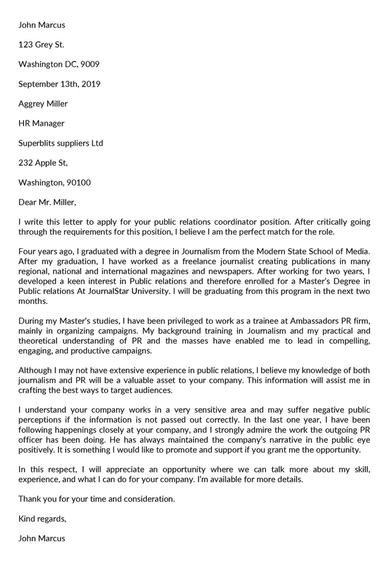 Free Public Relations Cover Letter Example 01 for Word