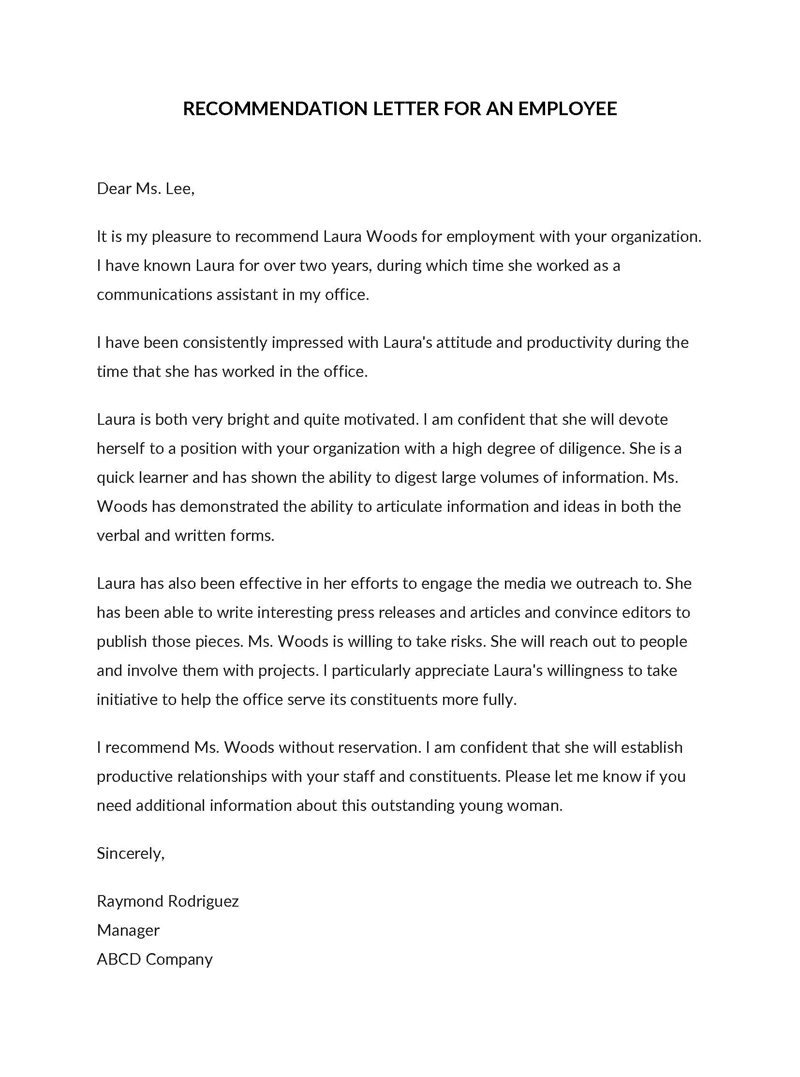 Downloadable recommendation letter template for an employee 05