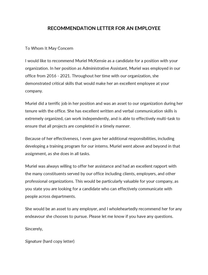 Professional recommendation letter example for an employee 06