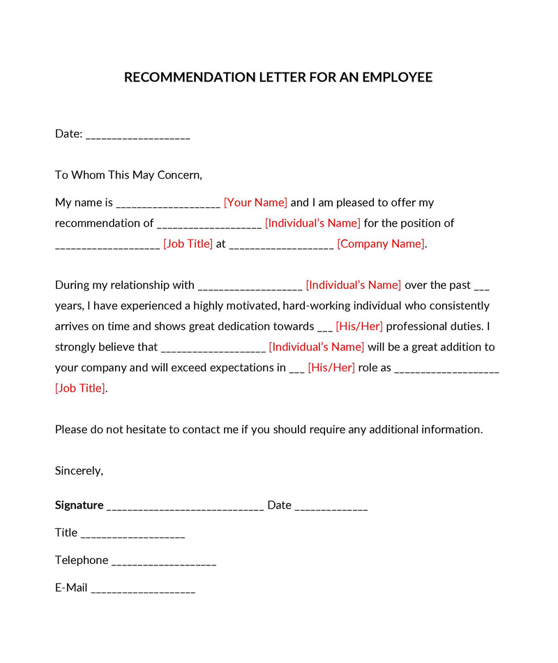 Free recommendation letter template for an employee 01