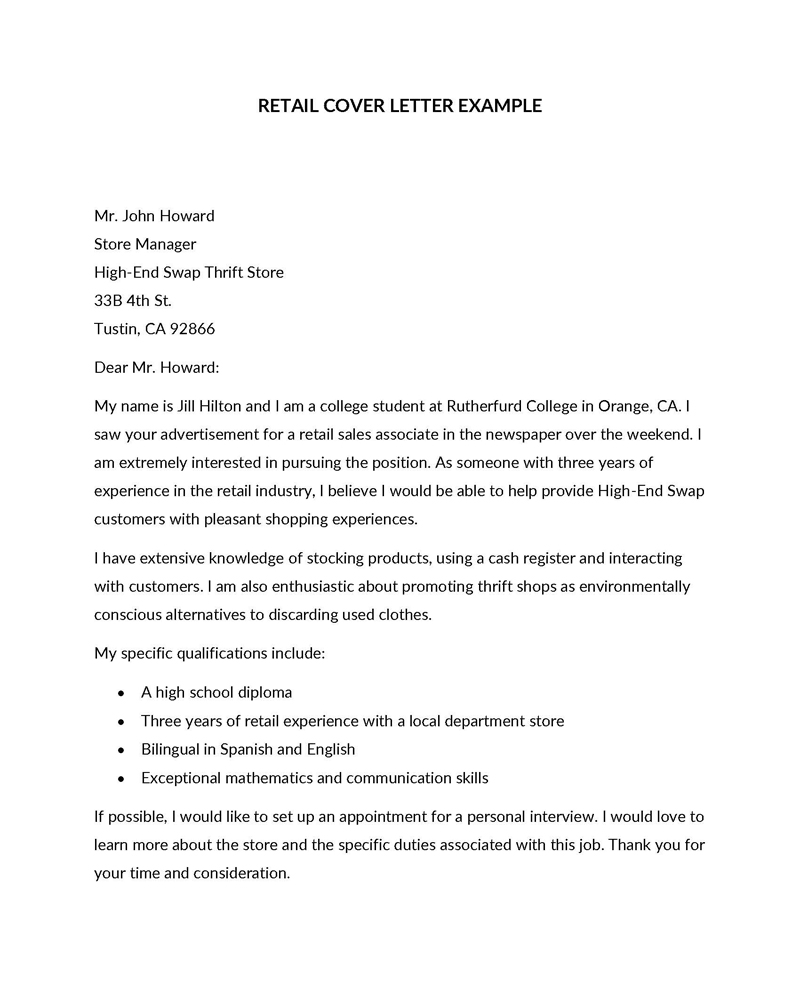 Editable Retail Cover Letter Example 01 in Word