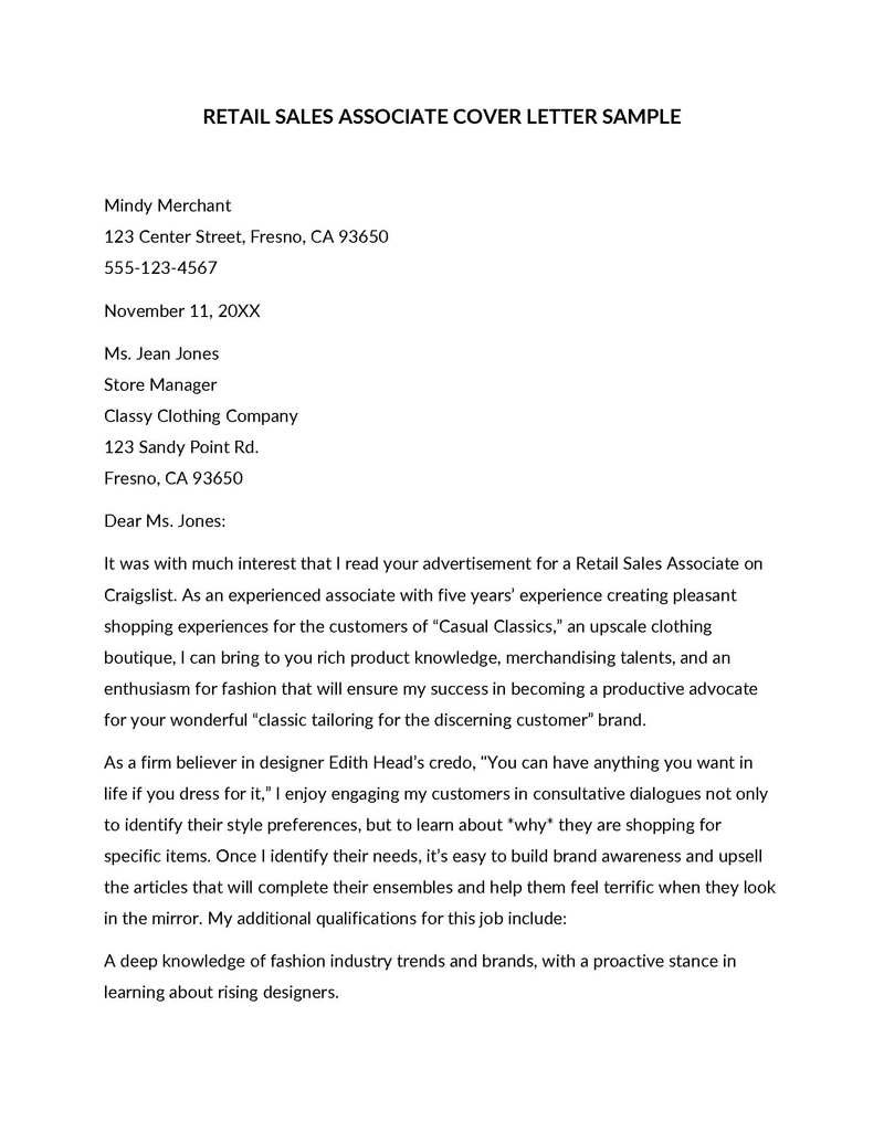 Printable Retail Sales Associate Cover Letter Sample 01 in Word