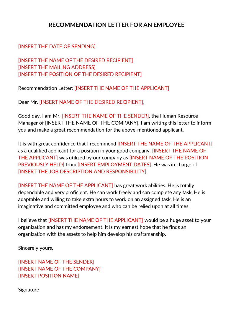 Sample recommendation letter for an employee