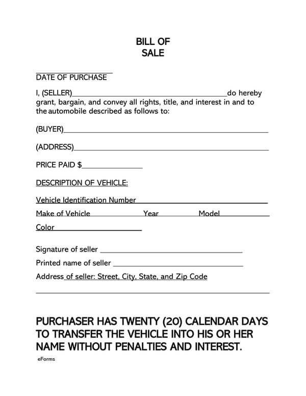 Coffee County ALABAMA Vehicle Bill of Sale Form