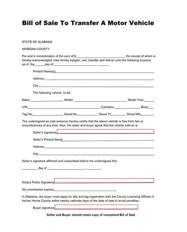 Morgan County ALABAMA Vehicle Bill of Sale Form