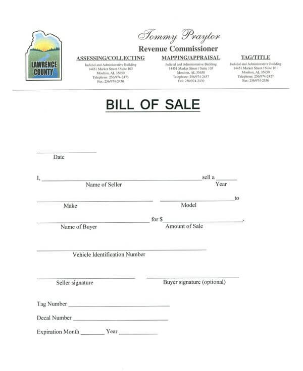 Lawrence County ALABAMA Vehicle Bill of Sale Form
