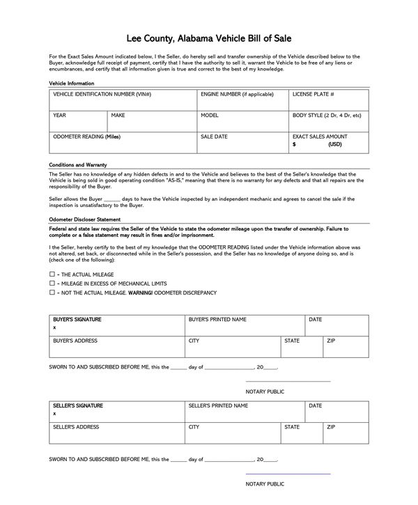 Lee County ALABAMA Vehicle Bill of Sale Form