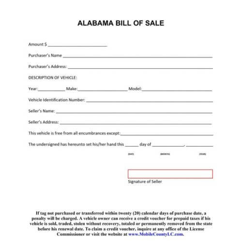 ALABAMA VEHICLE BILL OF SALE