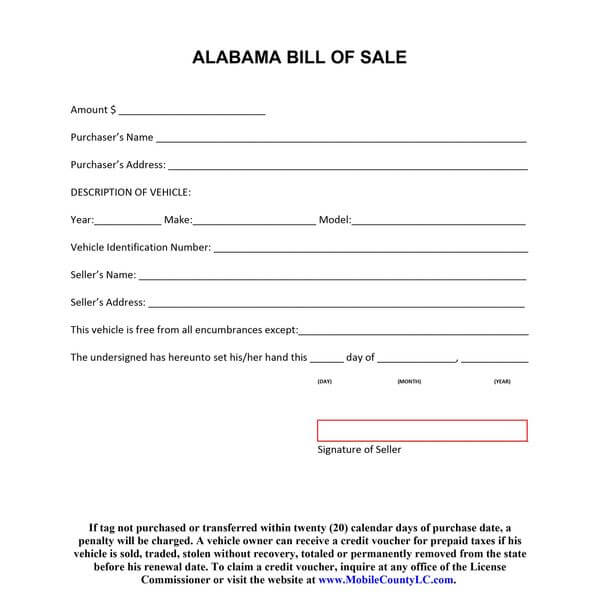 Mobile County ALABAMA Vehicle Bill of Sale Form