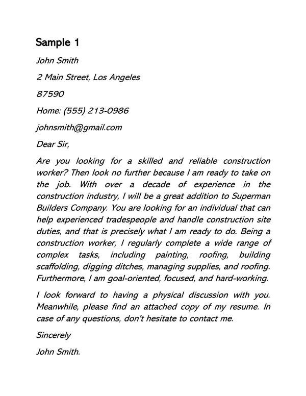 Free Construction Worker Cover Letter Sample 01- Word Format