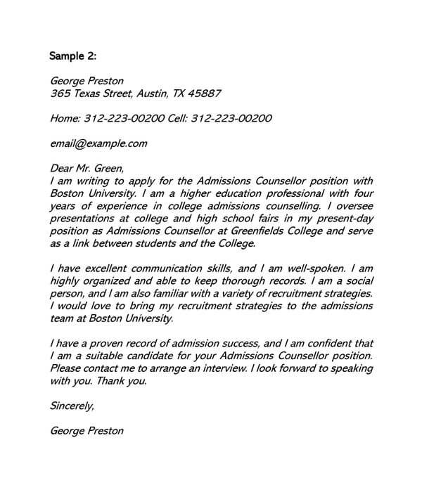 Free Admissions Counselor Cover Letter Examples