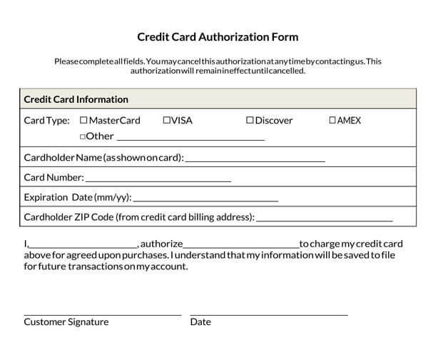 credit card authorization form template free excel