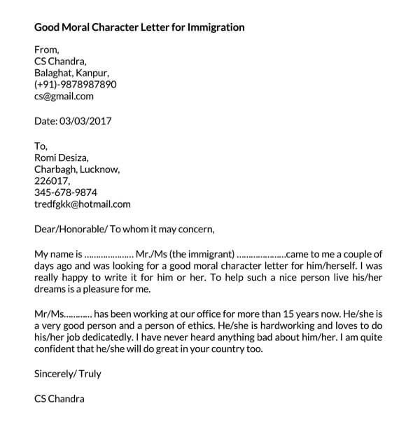 Free Professional Employee Immigrant Character Reference Letter Template as Word Format