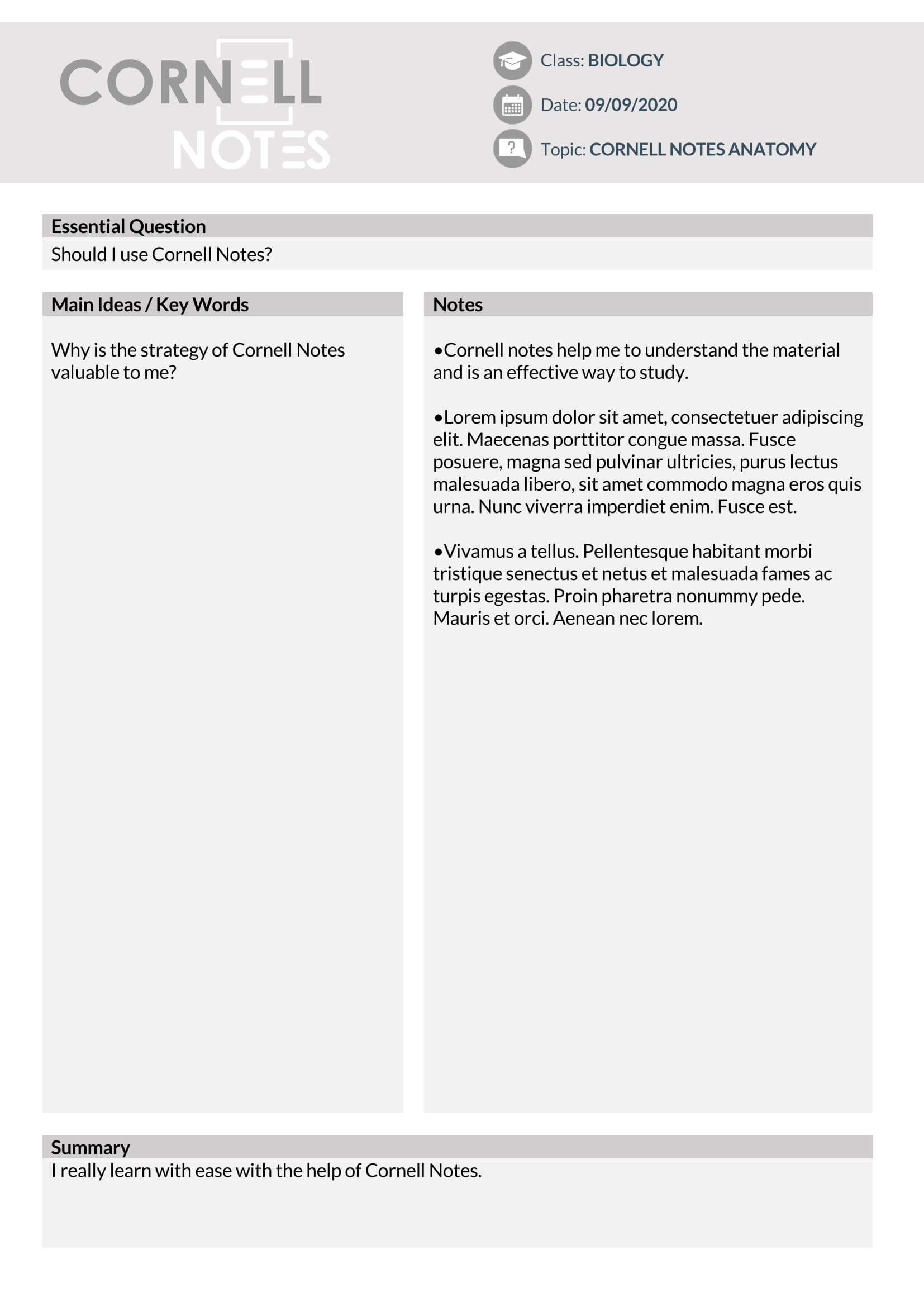 Sample Cornell Note Format Word