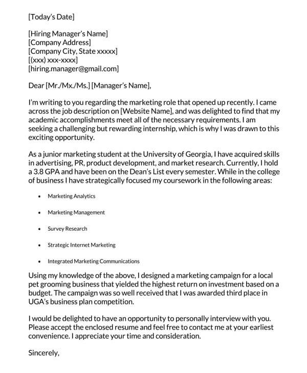 Editable Cover Letter for Internship Example 02 for Word