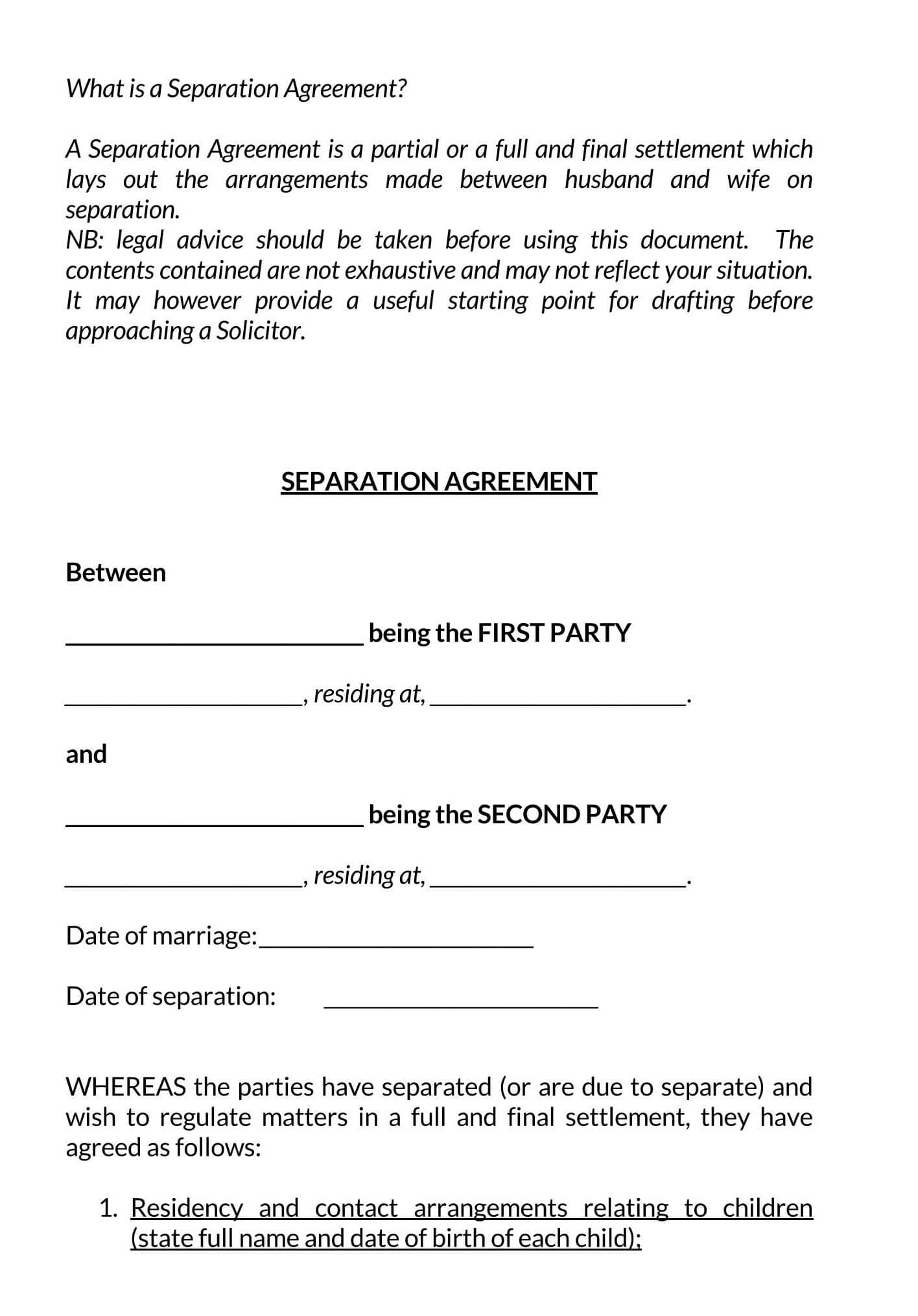 Free Separation Agreement Template Word