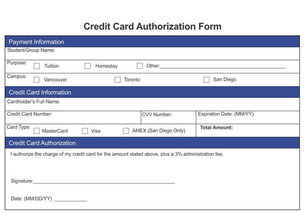 credit card authorization form template free