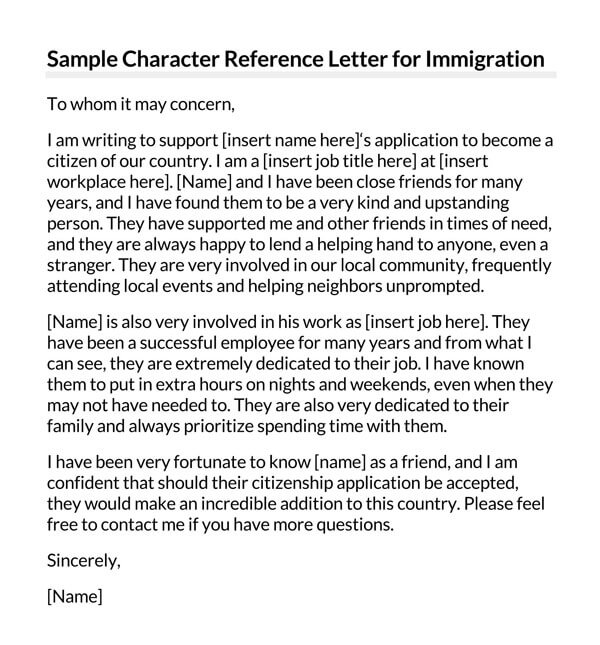 Free Professional community Immigrant Character Reference Letter Template as Word Format