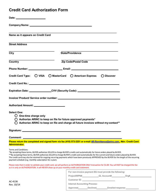 credit card authorization form word