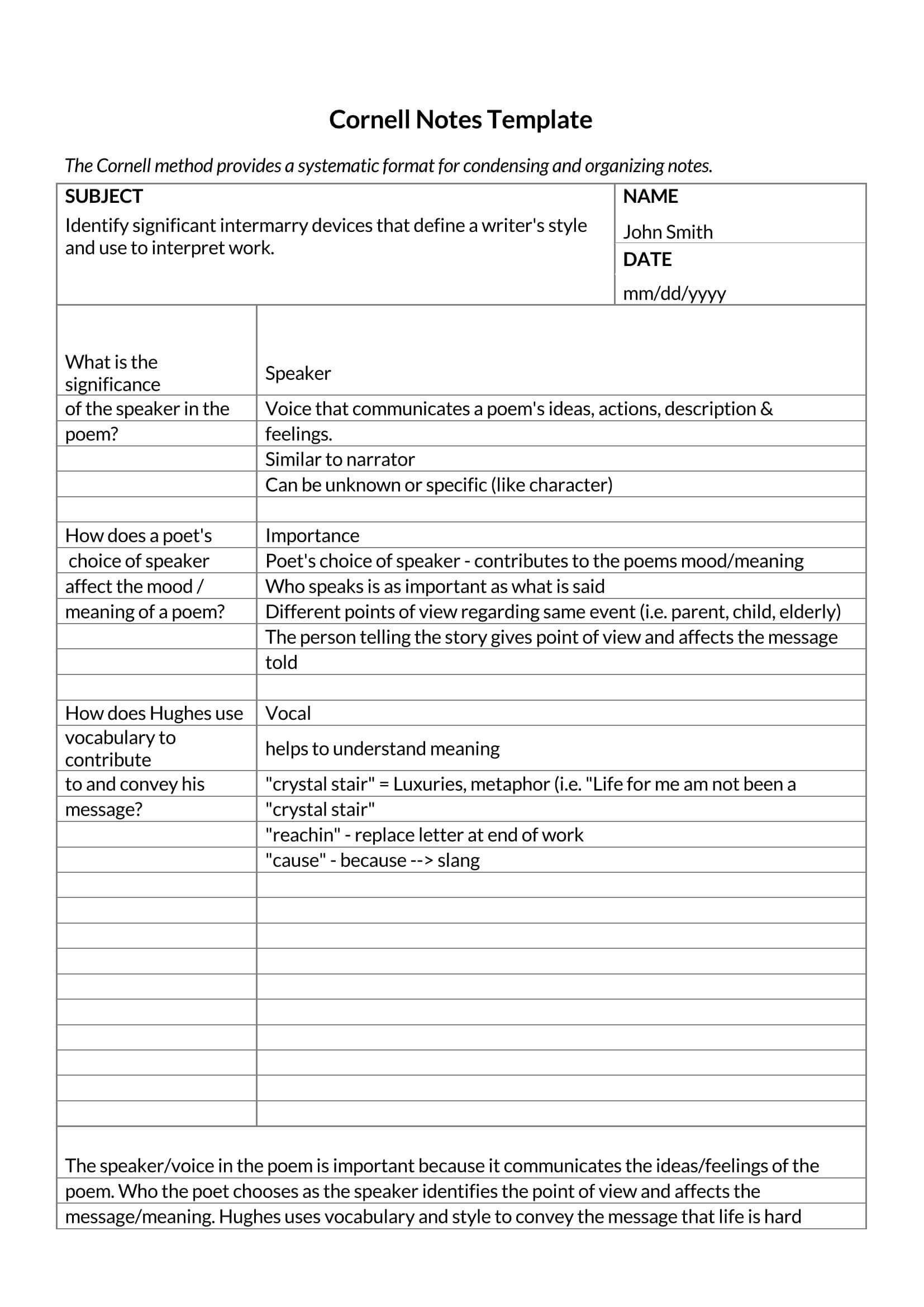 Free Cornell Note Template Sample