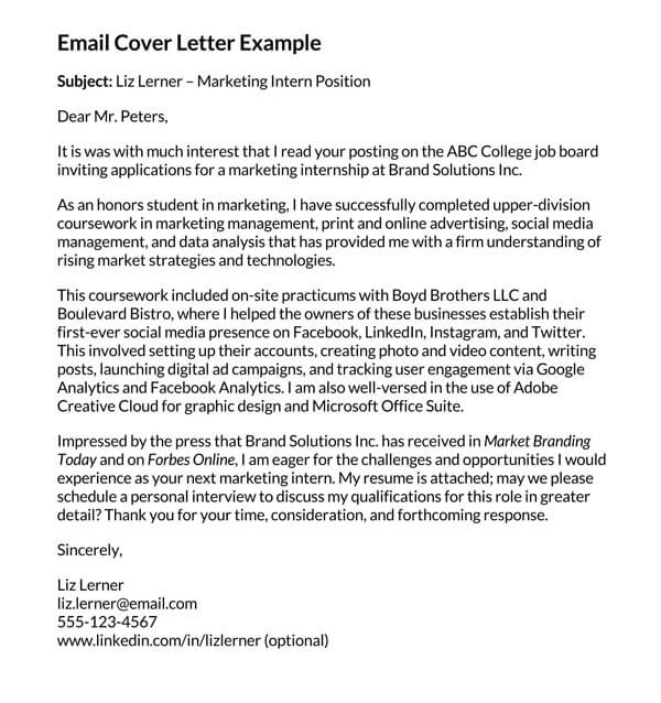 Sample cover letter for internship application