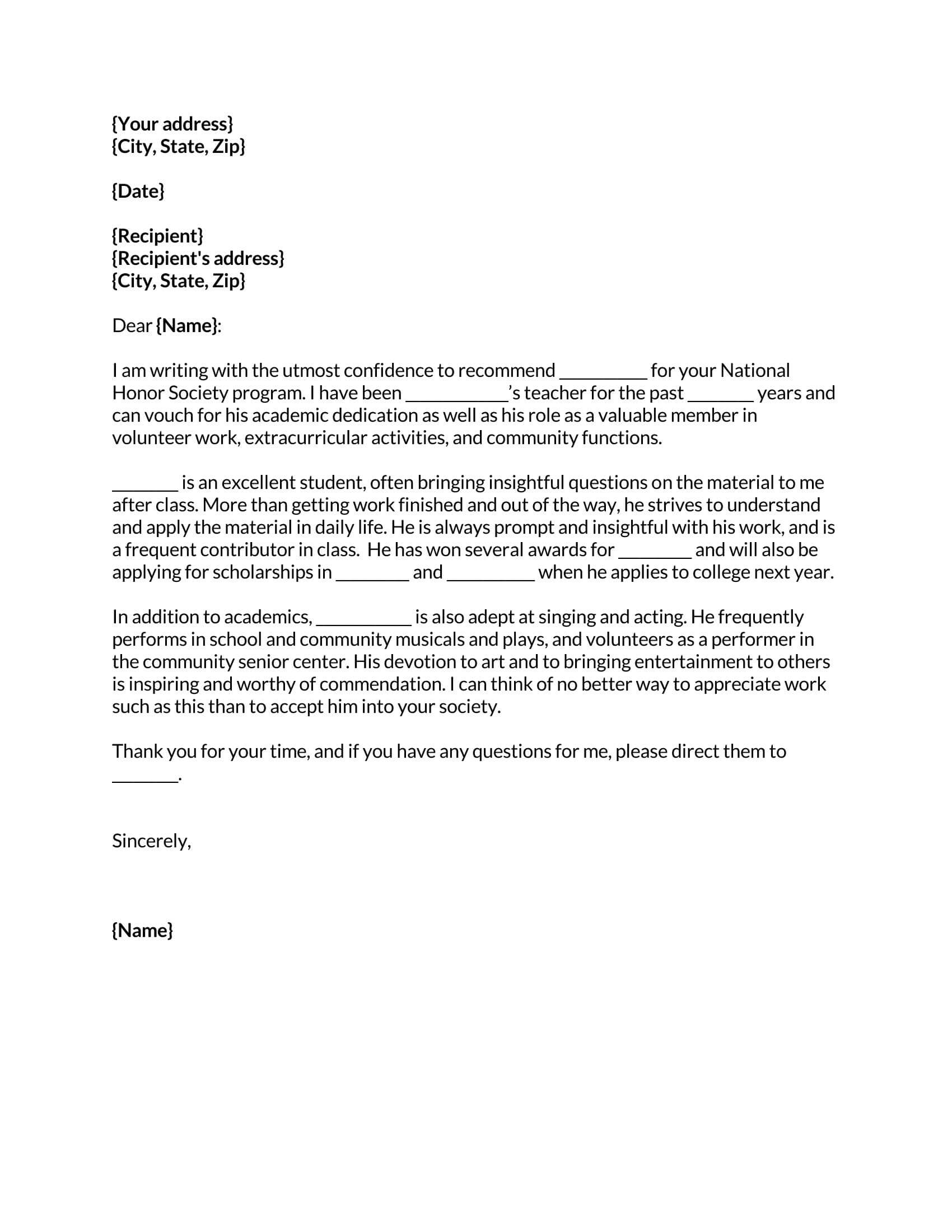 "Customizable Letter of Recommendation Template"
