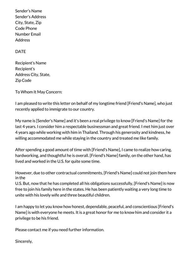 Free Professional Longtime Friend Immigrant Character Reference Letter Template as Word Format