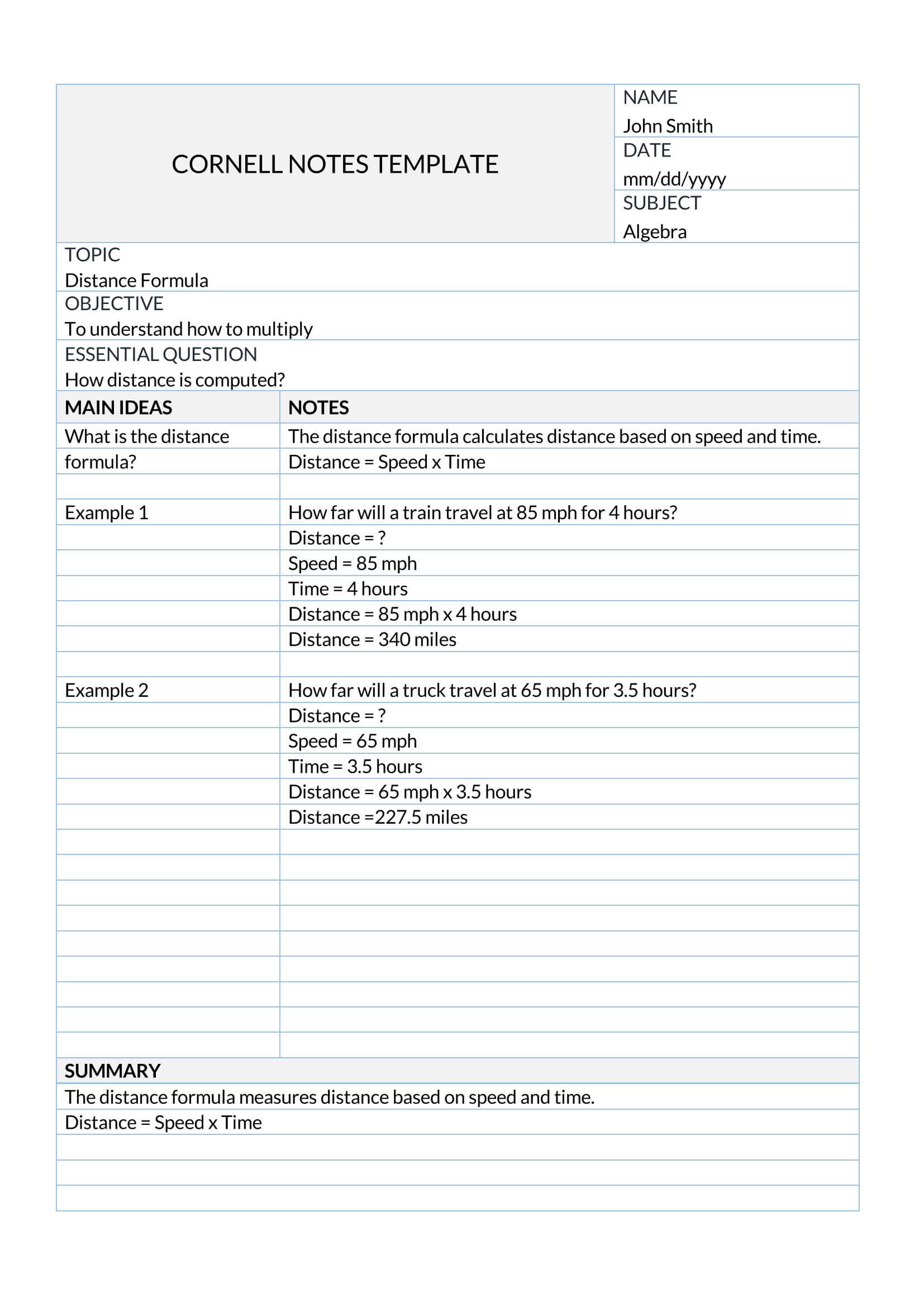 Printable Cornell Note Template Excel