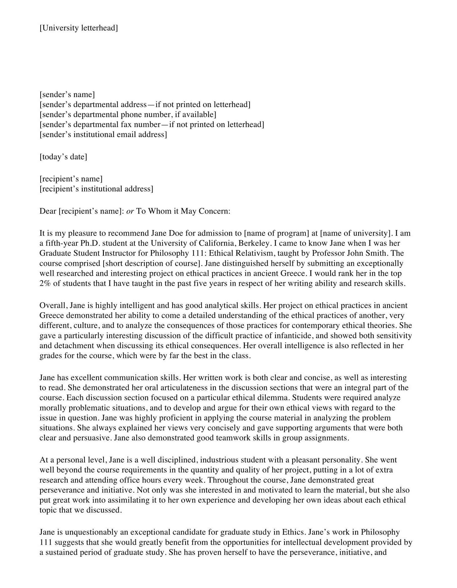 letter of recommendation template word