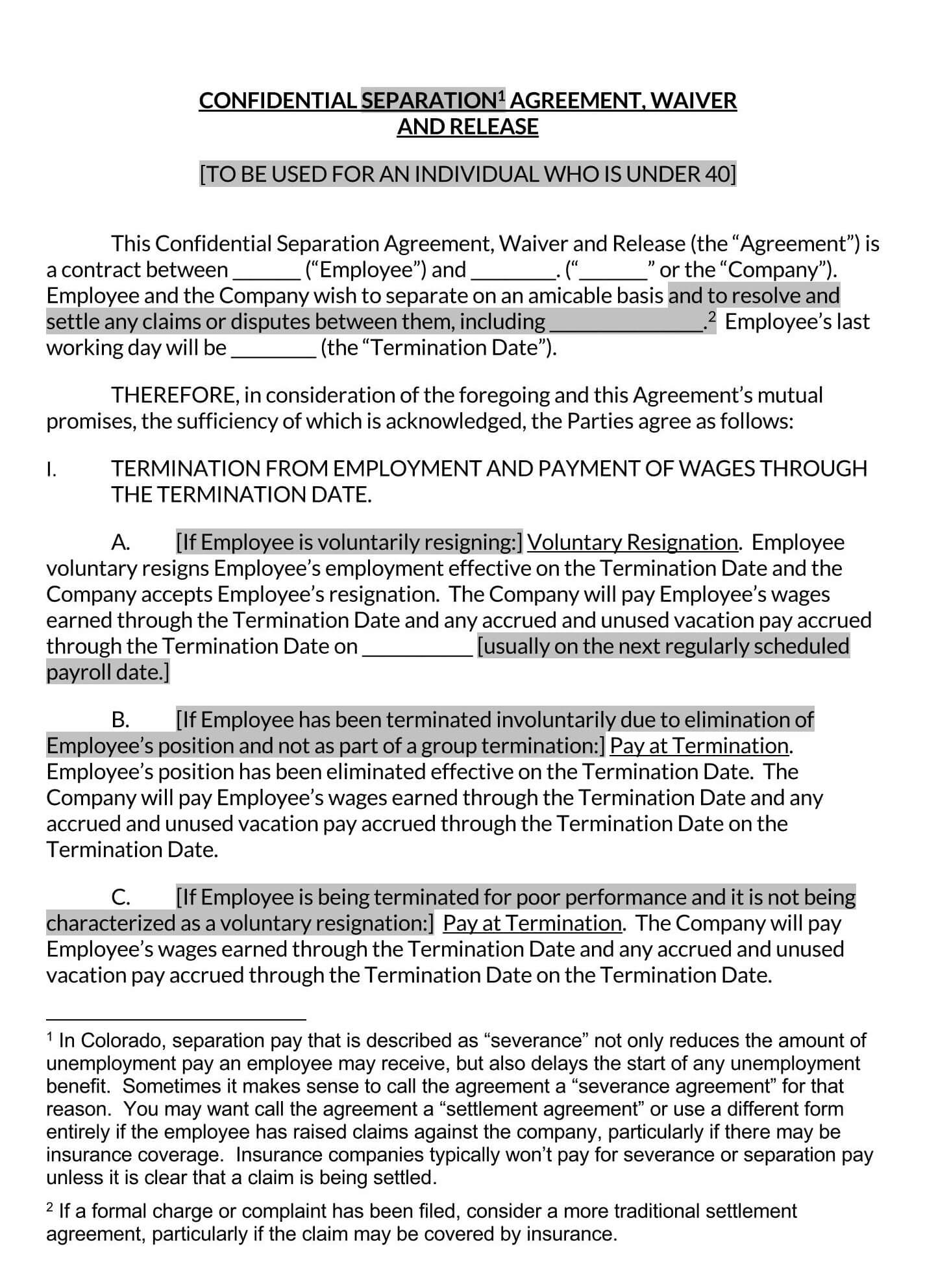 free employment separation agreement template